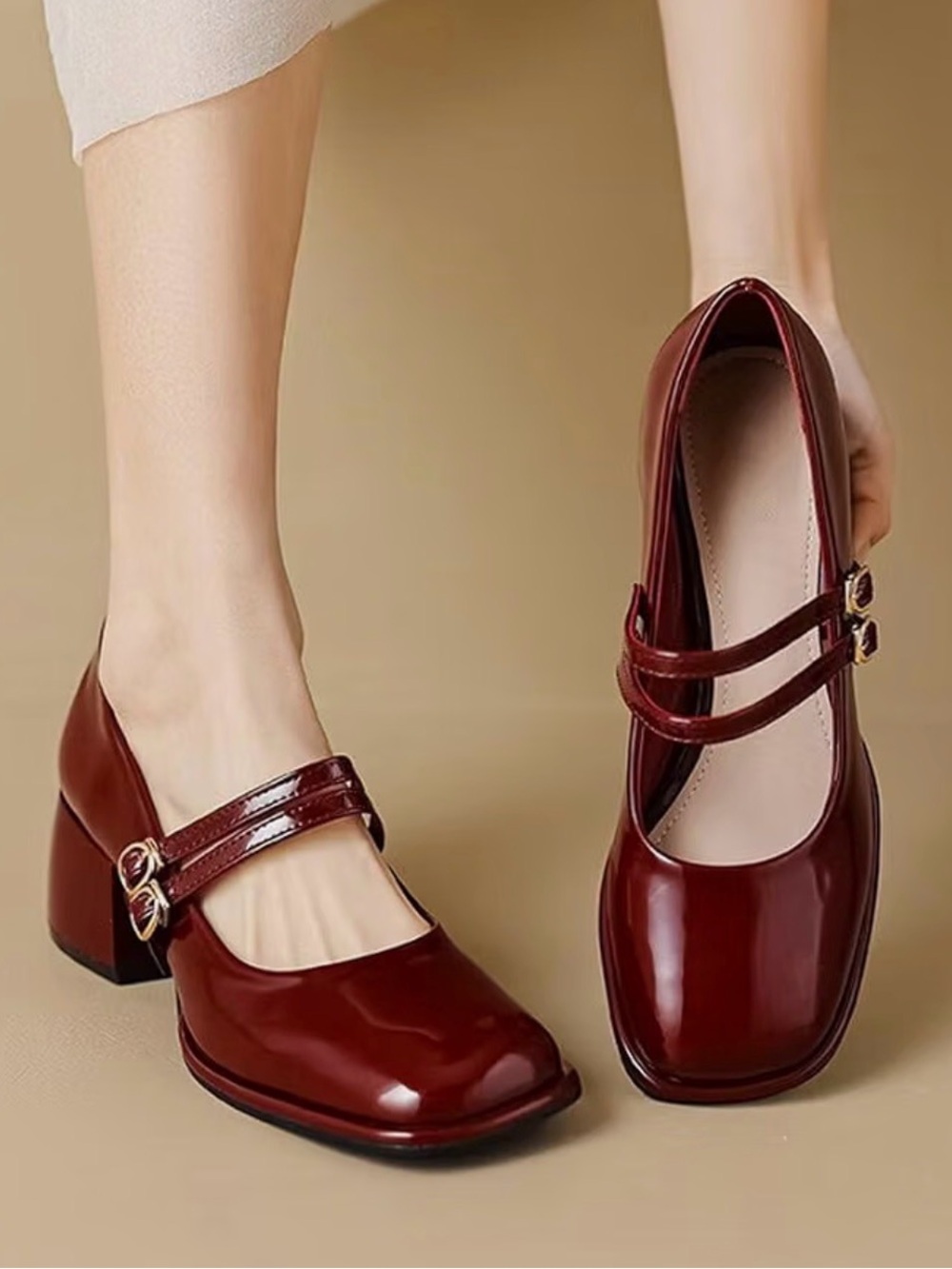 Patent Double-Strap Mary Jane Heels in Burgundy